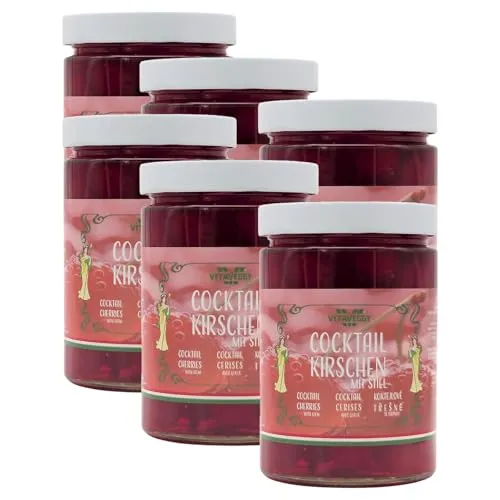 VITAVEGGY Cocktail Kirschen mit Stiel 6x 615g entkernt, für Cocktails & Mocktails, Cherry Mule, Daiquiri & Shirley Temple, für Kuchen, Torten, Waffeln Cupcakes & Muffins, in Italien hergestellt