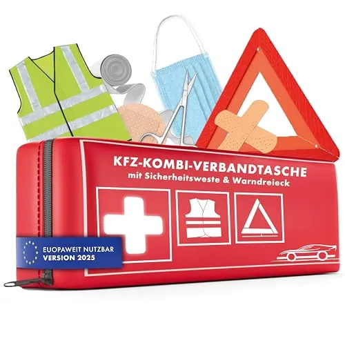 WALSER KFZ Verbandstasche 2025 StVO konform - Verbandskasten für Auto mit 43-teiligem Erste Hilfe Set, Pannendreieck und Warnweste - für Sicherheit auf der Straße, geprüft nach DIN 13164 und Vergleichssieger in seiner Kategorie.