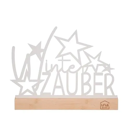 UNUS Aufsteller Winterzauber mit Sternen Winterdeko aus Metall mit Bambusfuß 26x19,5 cm in Schwarz oder Weiß stilvolle Deko für Tisch, Regal oder Fensterbank