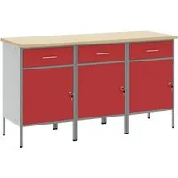 vidaXL Werkbank Werkstattschränke 3er Set Rot-Grau - Praktisches 3-teiliges Werkstattschränke-Set mit robustem Stahlrahmen und stilvoller Holzoptik, ideal für Werkstätten und Büros. Abschließbare Türen bieten Sicherheit für Werkzeuge.