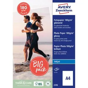 AVERY Zweckform Fotopapier 2496 - 100 Blatt DIN A4 glänzend, 180 g/qm für brillante Fotos und wischfeste Ausdrucke
