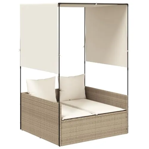 vidaXL Doppel Sonnenliege mit Dach und Vorhängen - Bequeme Doppelliege für Garten und Terrasse, aus langlebigem PE-Rattan gefertigt, mit abnehmbaren Kissenbezügen für einfachen Komfort und Pflege.