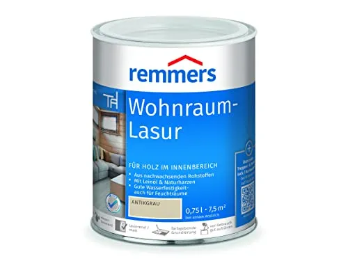 Remmers Wohnraum-Lasur antikgrau 0,75 l - Holzlasur für Innenanwendungen, wasserbasiert und auf Basis erneuerbarer Rohstoffe. Ideal für Möbel, Wände und Feuchträume mit hoher Wasserbeständigkeit und hervorragenden Verarbeitungseigenschaften.