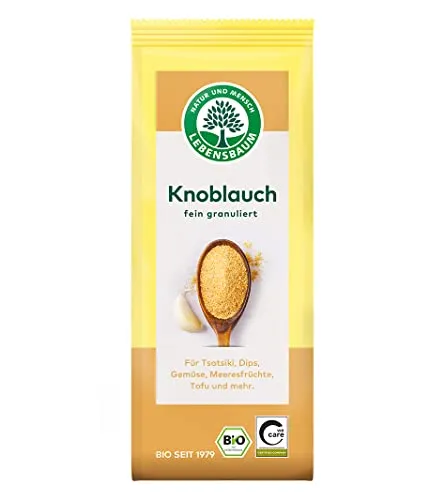 Lebensbaum Knoblauch, Bio-Knoblauchgranulat für Dips, Gemüse, Meeresfrüchte & Tofu, mild-süßer Genuss, fein granuliert, 70 g