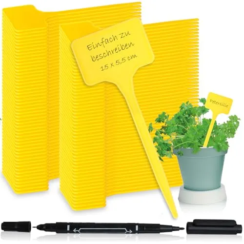 com-four® 100x Pflanzschilder mit Dual-Tip Marker - Steck-Etiketten für Balkon, Garten - Pflanzenstecker zum Beschriften - Anzuchtstecker für Beete und Pflanzkübel 15 cm (100 Stück - gelb - 15cm)
