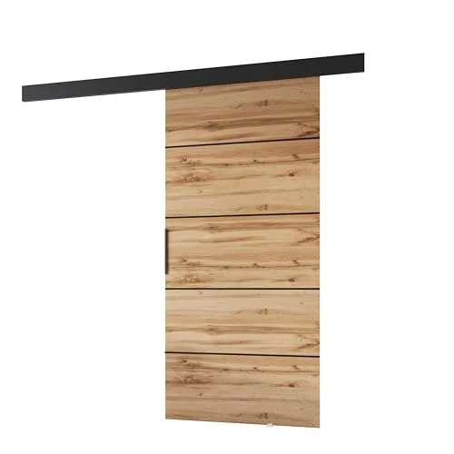 MINIO go for it - Schiebetüren, Schiebetür Zimmertür PRIM 1K, Schiebetürsystem für Zimmer, Wandmontage, Türe Innen - Dekorleiste, Oberblende, Türgriff in Schwarz (Wotan Eiche, 96 x 205 x 1,6 cm)