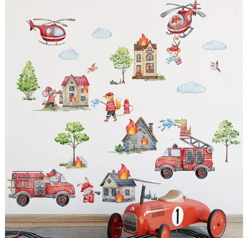 Montegoni Wandsticker Feuerwehr Fahrzeuge Wandsticker Kinderzimmer Rettungsfahrzeuge (Mehrteiliges Wandsticker Set, 2er Set Feuerwehr Wandsticker), Selbstklebend, Ablösbar, Mehrteilig, Dekorativ