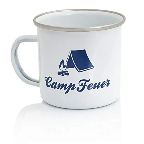 CampFeuer Emaille Tasse | 350 ml - weiß | Emaillebecher mit Edelstahl Trinkrand | Becher, Camping Kaffeebecher Metall, Outdoor Tasse | Camping Zubehör