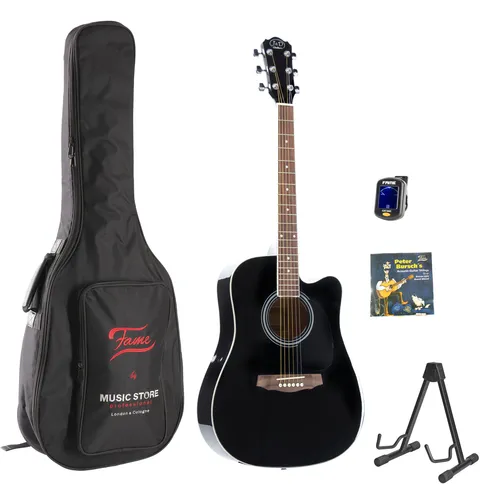 Westerngitarre J & D D-60 Cutaway BK Set - Akustische Gitarre mit Cutaway Design für einfachen Zugriff auf hohe Töne, inklusive Gitarrensaiten, Gitarrenständer und Gigbag für optimalen Schutz und Transport.