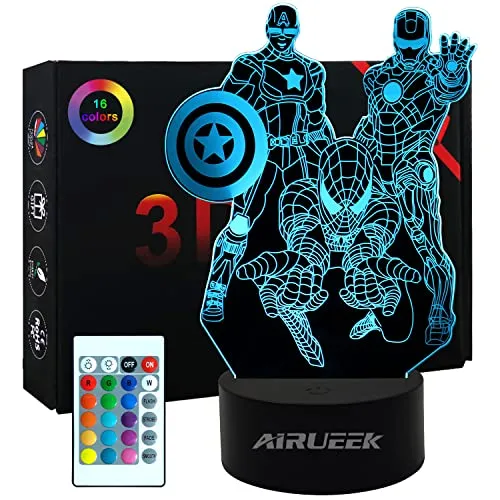 AIRUEEK Spider Spielzeug 3D Nachtlicht, Superhelden figuren für Jungen 16 Farben Dimmbar mit Touch Lampe für Iron Man, Captain America Geschenke