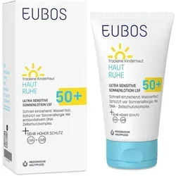 Eubos Haut Ruhe Ultra Sensitiv Sonnenlotion Lsf50+ - Arzneimittel für empfindliche Kinderhaut, bietet hohen Schutz vor UVA/UVB-Strahlung und enthält innovativen DNA-Zellschutzkomplex für zuverlässigen Schutz bei aktiven Tagen im Freien.