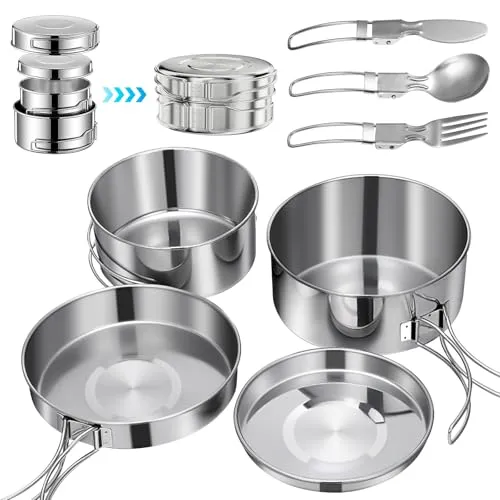 Camping Kochgeschirr Set Outdoor 2-3 Personen Edelstahl Topf mit Geschirr Kochtopf Faltbare Campinggeschirr Pot Plate für Picknick Backpacking Camping Wandern (7-teiligtes) (7-teiligtes)