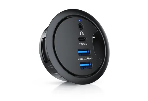 CSL Tisch Kabeldurchführung Hub 2x USB 3.2 Gen1 Typ A, 1x USB-C, 1x 3,5mm