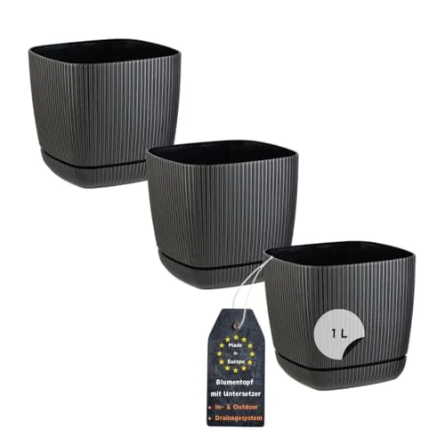 Engelland - 3 x Blumentopf mit Drainagesystem, Untersetzer, Farbe: Schwarz, Rillenoptik, Pflanz-Topf, Kübel, modern, Kunststoff, quadratisch, 12 x 12 cm, 1 Liter