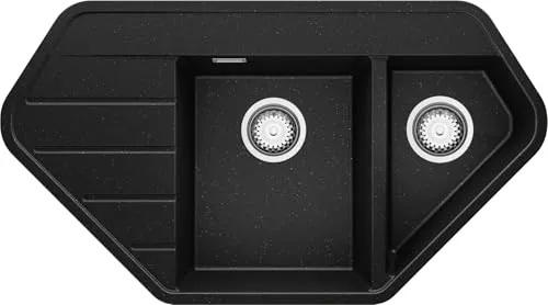 PRIMAGRAN Eckspüle Schwarz Metallic 90x50cm, Granitspüle 1,5 Becken + Ablauf-Set, Küchenspüle ab 70er Unterschrank - Kopenhagen Corner S004