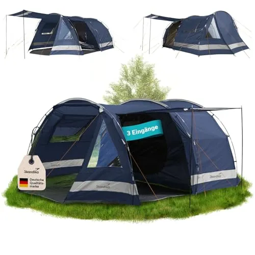 Skandika Tunnelzelt Kambo 4 - Familienzelt für 4 Personen - Wasserdichtes Campingzelt mit 3000 mm Wassersäule, dunkler Schlafkabine und 3 separaten Eingängen für optimalen Komfort beim Campen.