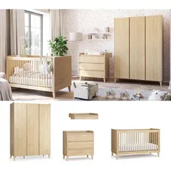 QMM TraumMöbel Babyzimmer Set B, Eiche, 140x204x60 cm - Das Babyzimmer Set B umfasst einen 3-türigen Kleiderschrank, eine Kommode und einen Wickelansatz. Mit elegantem Design und stabilen Massivholzfüßen bietet es viel Stauraum und Sicherheit durch abgerundete Kanten.