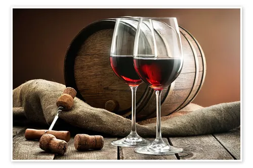 Poster Weingläser und Fass auf einem Holztisch