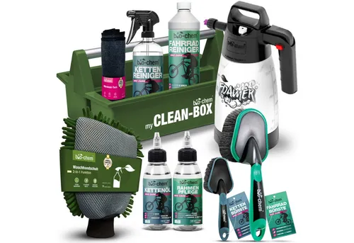 bio-chem Premium Fahrrad Reinigungsset 10-teilig - Fahrrad-Pflegemittel mit effektiven Reinigern für alle Fahrräder & E-Bikes. Entfernt hartnäckigen Dreck, sorgt für strahlenden Glanz und schützt vor Neuverschmutzungen.