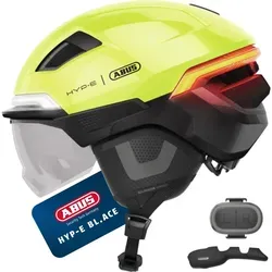 ABUS Fahrradhelm HYP-E BL.ACE - Gelb mit Front- und Rücklicht - Fahrradhelm mit 360-Grad-Sichtbarkeit durch Front-, Rück- und Blinklicht. Integrierte Lüftungsabdeckung für jede Jahreszeit. Ideal für E-Bikes, sicher und komfortabel mit höhenverstellbarem Verstellsystem.