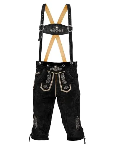 STEIGENHÖFER Herren Lederhose Tracht Kniebund - Reinhold - 100% Rindsleder - Schwarz - 60 - Traditionelle Kniebund Lederhose aus hochwertigem Rinds-Velours-Leder, handgefertigt mit einzigartiger Stickerei. Ideal für Oktoberfest und Trachtenveranstaltungen, mit individuell einstellbaren H-Trägern für optimalen Tragekomfort.
