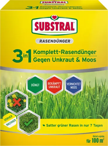 Substral 3 in 1 Komplett-Rasendünger - Dünger für gesunde Rasenflächen, bekämpft Unkraut und Moos effektiv und reicht für 100 m².