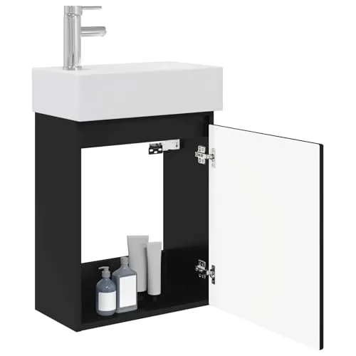 vidaXL Badezimmer Waschtischunterschrank mit Wasserhahn Schwarz - Moderne Waschtisch-Einheit mit Wasserhahn, funktional und stilvoll. Hochwertige Holzwerkstoffe sorgen für Langlebigkeit. Inklusive Mischhahn und Push-Abfluss für optimale Nutzung im Badezimmer.