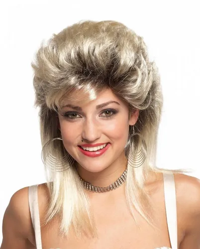 Horror-Shop 80er Jahre Rocker Braut Perücke Blond - Blonde Vokuhila Perücke für 80er Jahre Mottopartys und Karneval. Ideal für einen auffälligen Auftritt mit markantem Look. Perfekt kombinierbar mit 80er Kostümen und Accessoires.