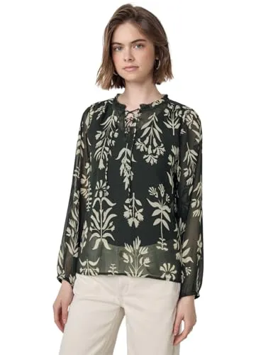 Street One Studio Damen F345670 Gemusterte Chiffon-Tunika - Damenblusen mit geschlitztem Rundhals, Schnürdetail und floralen Rüschen, perfekt für einen eleganten Look.