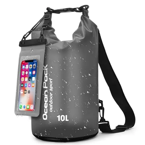 Dry Bag mit Handy-Schutzbeutel & Trageriemen – Wasserdichte Tasche für Outdoor, Camping & Wassersport | 5L, 10L, 20L | Ultraleicht & Robust | Packsack Wasserdicht & Dry Bag Rucksack(Schwarz, 10 L)