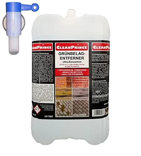 CleanPrince Grünbelagentferner 5 Liter |mit einem Ausgießer pro Bestellung |Hochkonzentrat Grünspan Flechten Reiniger Stein Holz Keramik Glas Kunststoff Gartenzäune Hof Fassaden Putz