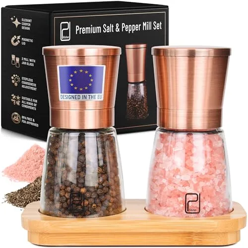 Premium Salz- und Pfeffermühlen Set mit Bambushalter in kupfer von PJCKitchen