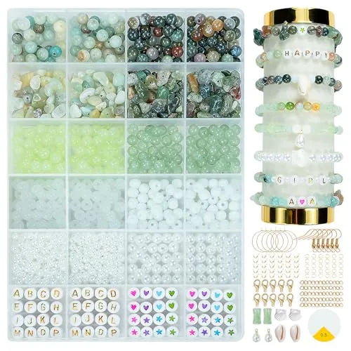 Naturstein Perlen Armbänder Selber Machen Set, 6mm Edelstein Perlen zum Auffädeln Kit, Grüne DIY Perlenset Armband Schmuck Basteln, Perlen Armband Set Beads für Schmuckherstellung Ohrringe Ketten