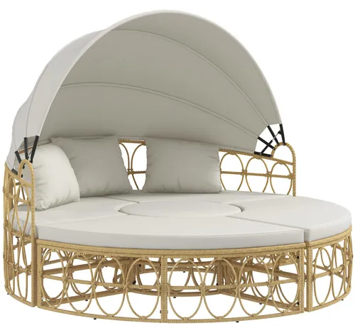 Sonneninsel, 4-teilig, ausziehbares Dach, 5 Kissen, Rattanoptik, 178B x 85T x 66,5H cm, Beige