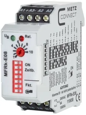 Metz Connect 110658 Multifunktions-Zeitrelais - Sonstige Elektronik & Messtechnik mit 10 einstellbaren Zeitbereichen von 0,05 s bis 30 h und sieben Funktionen für flexible Anwendungen.