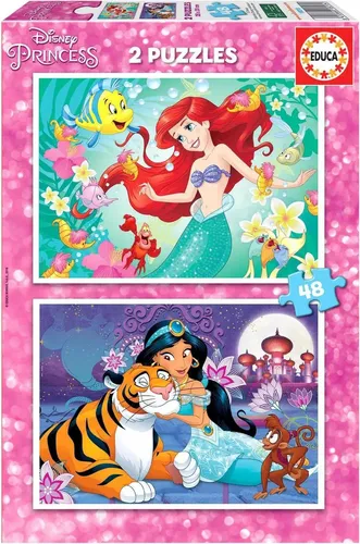 Educa 18213, Arielle und Jasmin, 2x48 Teile Puzzle für Kinder ab 4, Arielle die Meerjungfrau, Aladdin