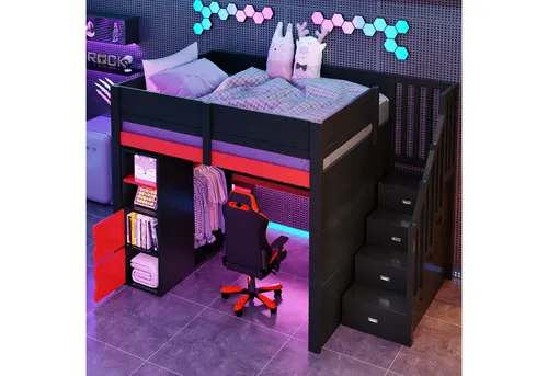 Redom Hochbett Schwarz 140x200 cm – Modernes Kinder- & Jugendzimmermöbel - Dieses stilvolle Hochbett in Schwarz vereint modernes Design mit Funktionalität. Mit integriertem Schreibtisch und Stauraum bietet es perfekten Platz zum Lernen und Entspannen. Robuste Materialien garantieren Stabilität für den täglichen Gebrauch.