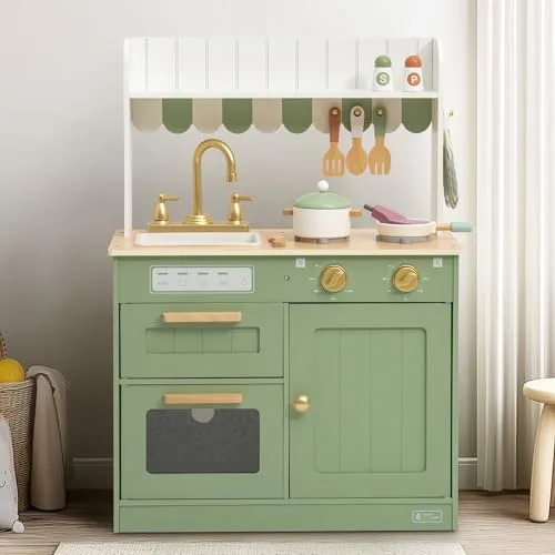 ROBUD Spielküchen aus Holz für Kinder, mit Geschirr, Töpfen, Salatschüssel und Gemüse