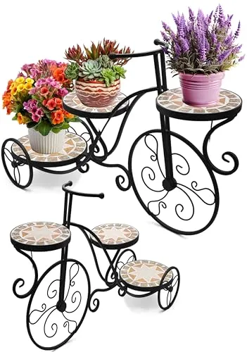 Stephans Möbelbörse Mosaik Blumenständer, Blumentreppe Metall in Fahrrad Form, Blumentopf Ständer 3 Ebenen, Blumenfahrrad, Blumenregal, Pflanzenregal für Garten, Balkon, Terrasse - Innen und Außen