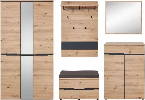 Innostyle Garderoben-Set Memphis GH81 - 5-teiliges Garderobenset in Artisan Eiche Graphit, ideal für eine stilvolle und funktionale Flureinrichtung. Inklusive Schrank, Paneel, Sitzbank mit Kissen, Schuhschrank und Spiegel.