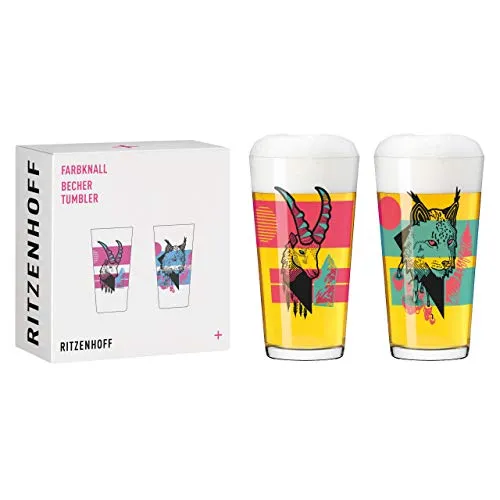 RITZENHOFF 3491003 Becher 400 ml - 2er Set - Serie Farbknall Set Nr. 3, 2 Stück mit Tierillustration - Made in Germany