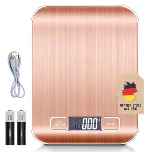 Intirilife Digitale Küchenwaage 5 kg -ROSÉ GOLD- Wiederaufladbar per USB & Batteriebetrieb- Elektronische Waage mit Tara Funktion- Präzise Küchen Digitalwaage mit LCD-Display zum Backen,Kochen, 1g