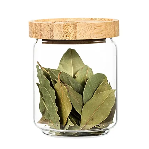 bambuswald© Einzelnes stapelbares Vorratsglas mit 320ml | Aufbewahrungsglas mit luftdichten Deckel aus 100% ökologischen Bambus - Glasbehälter ideal für Tee Kräuter Kaffee Vorräte Müsli Pasta