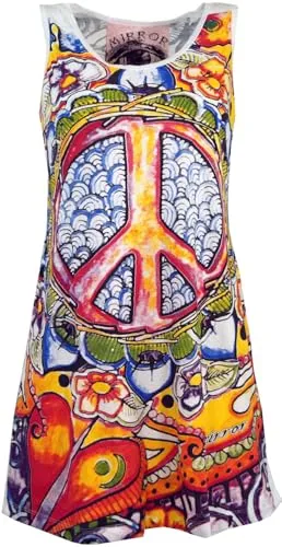 GURU SHOP Mirror Tank Top Minikleid - Peace/Weiß, Damen, Größe M - Stylisches Minikleid aus hochwertiger Baumwolle mit ansprechendem Druck im Krinkel-Look. Pflegeleicht, angenehm zu tragen und ideal für lässige Anlässe.