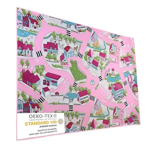 Entrando Spielteppich Rosa Straße 133x190 cm - XXL Kinderteppich für Mädchen mit Stadtmotiv - weicher Auto Teppich rutschfest & schadstofffrei - perfekt fürs große Kinderzimmer
