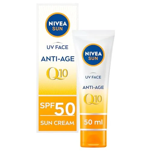 Nivea Sun UV Face Q10 Anti Aging Sun Cream SPF50 50ml - Sonnenschutzmittel mit sofortigem Schutz vor UVA/UVB-Strahlen, spendet Feuchtigkeit und bekämpft Hautalterung mit Q10 für ein jüngeres Hautbild.