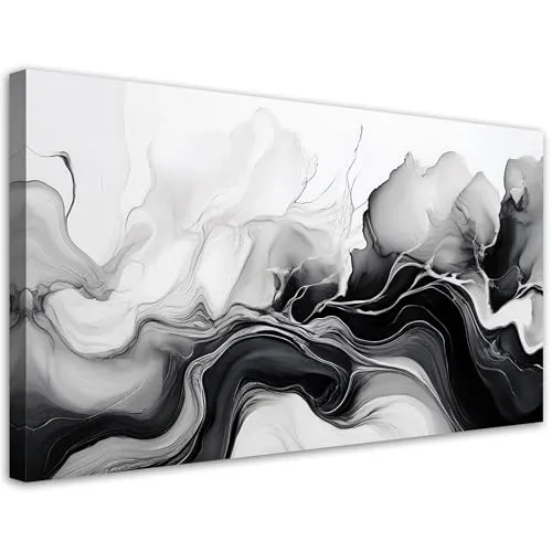 Feeby Leinwandbild - Bilder Wohnzimmer - Tinten-Abstraktion Schwarz & Weiß - 80x40 1tlg - Deko Schlafzimmer - Wanddekoration - Aesthetic - Groß Moderne Bild - Foto auf Leinwand
