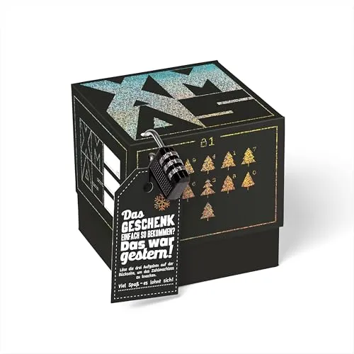 SURPRISA Geschenkbox schwarz für Weihnachten, Rätselbox für Geldgeschenke, Glitzer-Design in Schwarz mit XMAS-Aufdruck, Größe S (12cm)