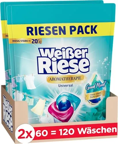Weißer-Riese Waschmittel Universal Trio-Caps mit Lotusduft, 120 Waschladungen - Effektives Universal Vollwaschmittel in praktischen Caps für weiße und helle Wäsche. Genießen Sie strahlende Reinheit und einen angenehmen Lotusduft – ideal für energiesparendes Waschen bei 20°C-95°C.