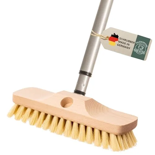 Schrubber mit Stiel, Teleskopstiel Schrupper aus Holz mit Naturborsten, Für Boden, Fliesen, Balkon, Terrasse, Garten